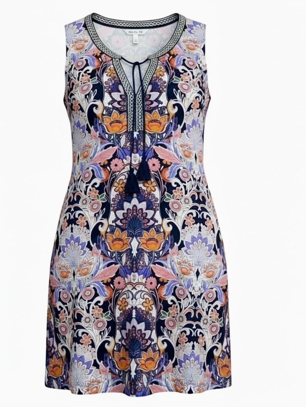 DR2 Women’s M Navy Blue Floral Paisley Boho Sleeveless Shift Dress Medium